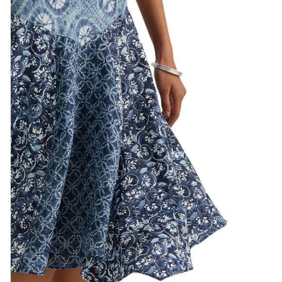 NWT LAUREN RALPH LAUREN PETITE LINEN BLUE PATCHWORK HANDKERCHIEF HEM DRESS 6P - Picture 4 of 15
